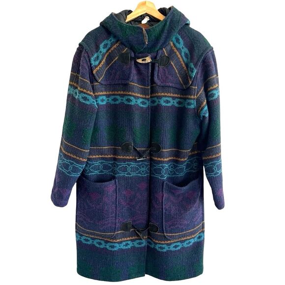Vintage Woolrich Womens Hooded Wool Blanket Coat Aztec Southwestern Made In USA - Picture 1 of 13